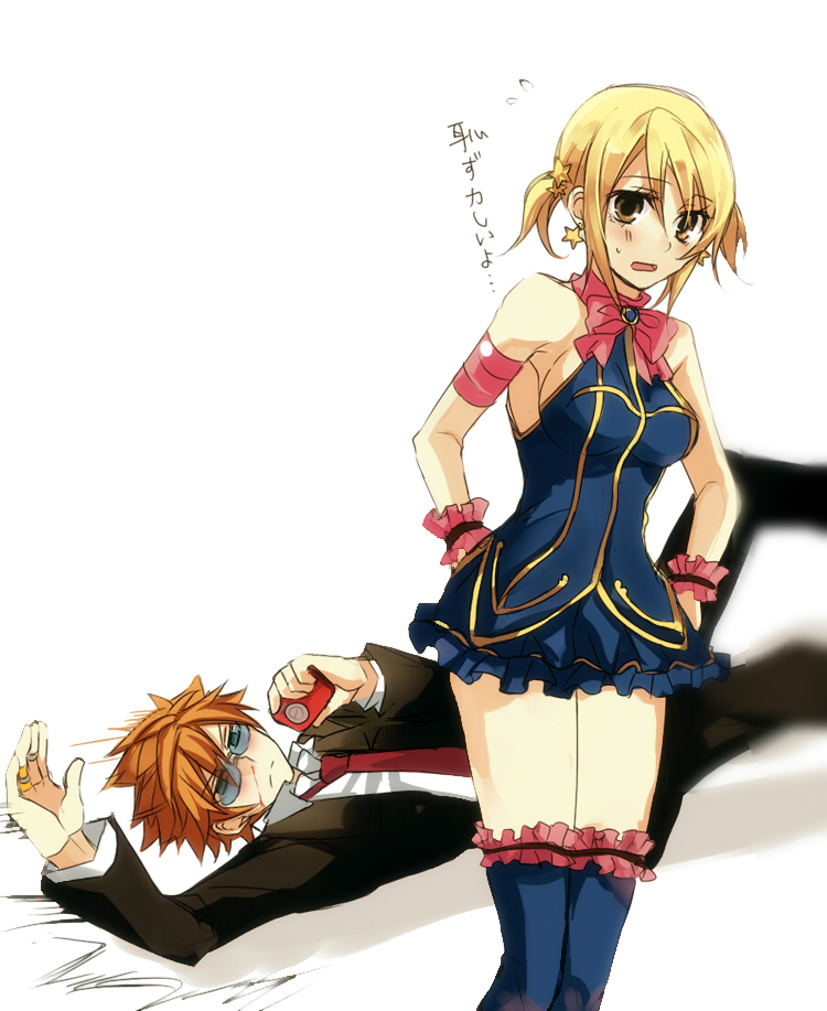 blonde_hair, blood, camera, earrings, fairy_tail, jewelry, loke_(fairy_tail), lucy_heartfilia