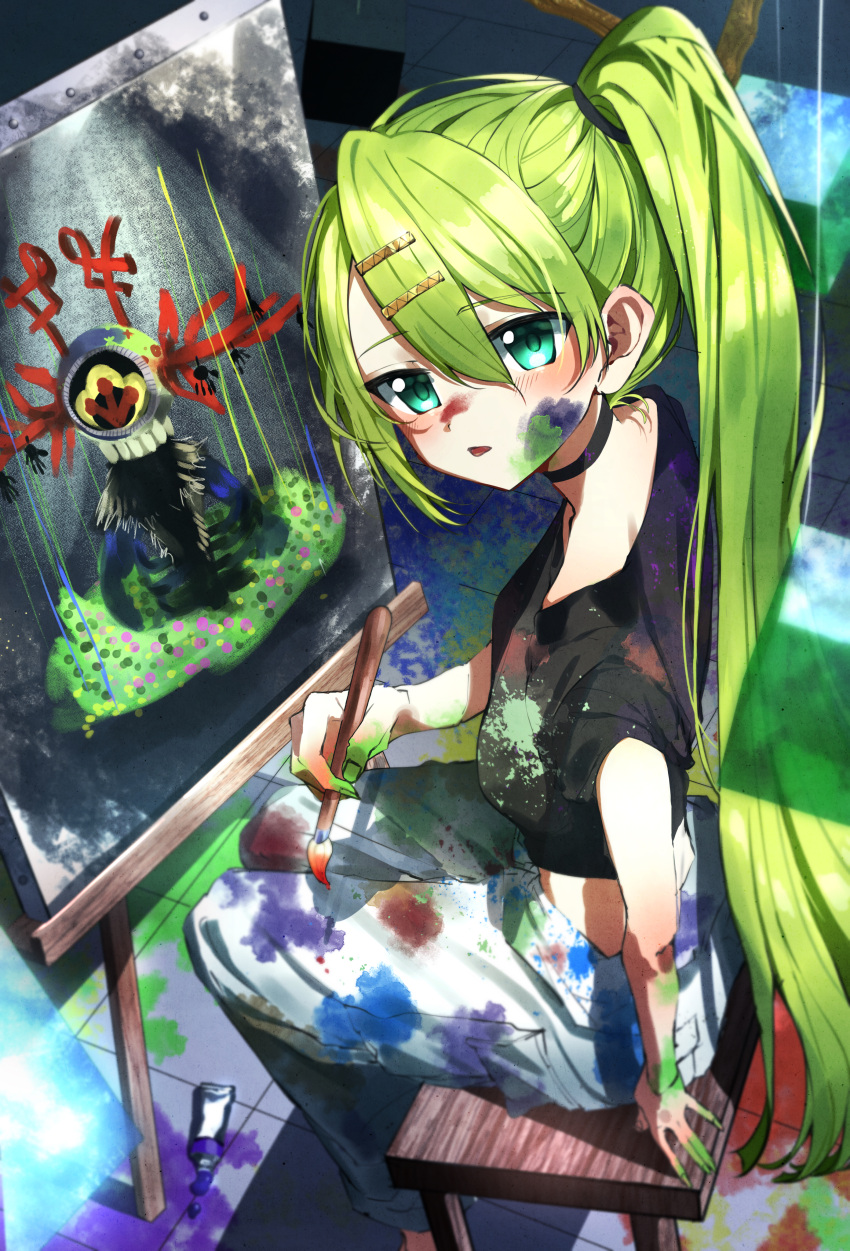 1girl, absurdres, alina_gray, alina_gray_(atelier_clothes), canvas_(object), commentary_request, easel, green_eyes