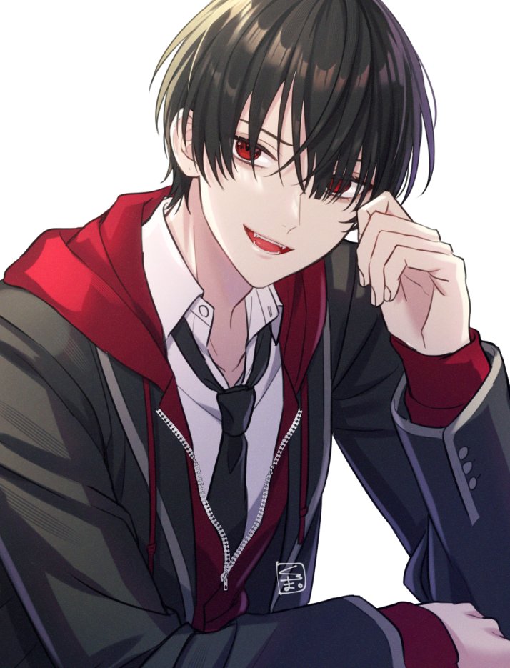 1boy, :d, black_hair, black_jacket, black_necktie, collarbone, collared_shirt, commentary_request, drawstring, fangs, hair_between_eyes, hair_over_one_eye, hand_up, hood, hood_down, hoodie, jacket, kuroma_(bee), kuzuha_(12th_costume)_(nijisanji), kuzuha_(nijisanji), lapels, long_sleeves, looking_at_viewer, male_focus, mole, mole_under_eye, necktie, nijisanji, official_alternate_costume, open_clothes, open_jacket, open_mouth, partially_unzipped, red_eyes, red_hoodie, school_uniform, shirt, short_hair, simple_background, smile, solo, teeth, upper_body, virtual_youtuber, white_background, white_shirt, wing_collar, zipper, zipper_pull_tab