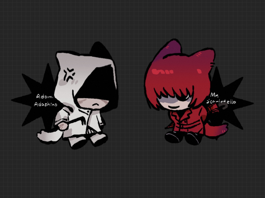 1boy, 1girl, animal_ears, black_background, black_eyes, cat_boy, cat_ears, cat_girl, cat_tail, chacha969, character_name, chibi, chinese_commentary, coat, commentary_request, crowbar, full_body, grid_background, heroine_(homicipher), highres, holding, holding_crowbar, holding_umbrella, homicipher, hood, hood_up, kemonomimi_mode, looking_at_another, mr._scarletella, raincoat, red_coat, red_umbrella, redhead, short_hair, tail, umbrella