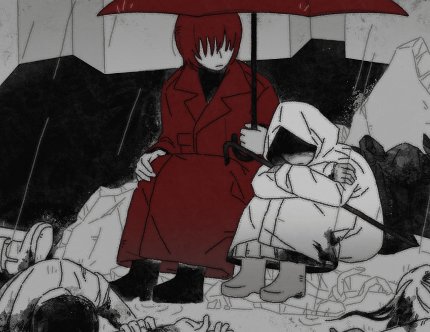 1boy, 1girl, blood, blood_on_face, boots, chacha969, coat, corpse