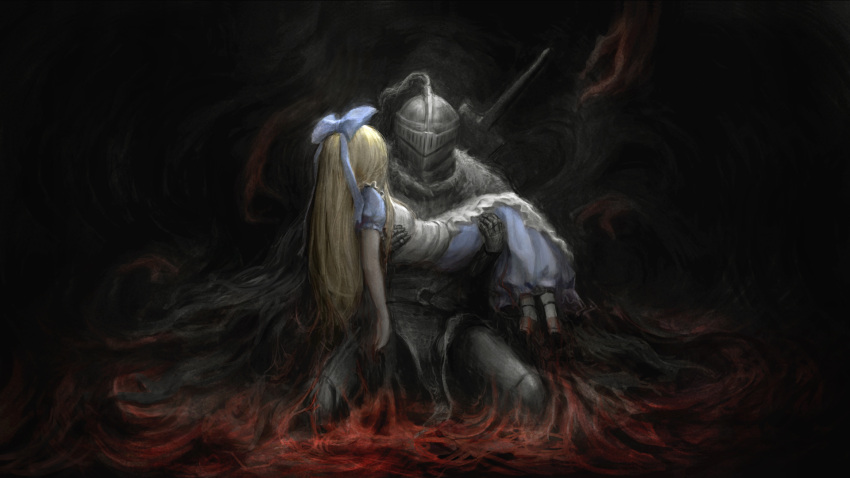 1boy, 1girl, alice_(black_souls), apron, black_souls, blonde_hair, blue_bow, blue_dress