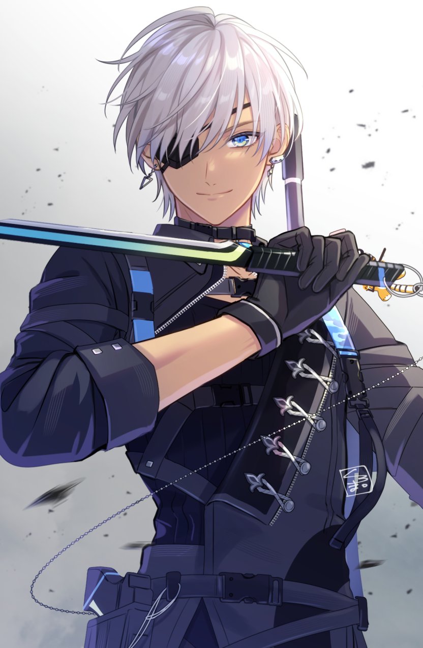 1boy, asymmetrical_clothes, belt, belt_buckle, black_belt, black_choker, black_gloves, black_jacket, black_sweater, blue_eyes, buckle, buttons, chain, chest_harness, choker, closed_mouth, cropped_jacket, dark-skinned_male, dark_skin, earrings, eyepatch, gloves, gradient_background, green_eyes, grey_background, gun, hair_between_eyes, hand_up, handgun, harness, hashtag-only_commentary, highres, holding, holding_sword, holding_weapon, holster, ibrahim_(4th_costume)_(nijisanji), ibrahim_(nijisanji), jacket, jewelry, kuroma_(bee), long_sleeves, looking_at_viewer, male_focus, multicolored_eyes, nijisanji, official_alternate_costume, one_eye_covered, ribbed_sweater, short_hair, simple_background, smile, solo, sweater, sword, virtual_youtuber, weapon, white_background, white_hair, zipper