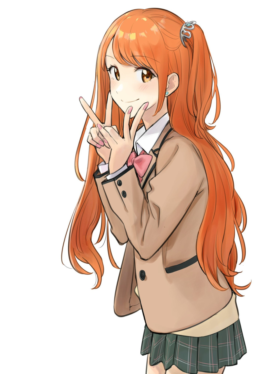 1girl, blazer, blush, bow, bowtie, brown_jacket, buttons, closed_mouth, collared_shirt, double_v, fingernails, green_skirt, highres, hima-ten!, jacket, long_hair, long_sleeves, looking_at_viewer, official_art, ono_genki, orange_eyes, orange_hair, pink_bow, pink_bowtie, pink_nails, plaid_clothes, plaid_skirt, pleated_skirt, pocket, school_uniform, second-party_source, shirt, side_ponytail, simple_background, skirt, smile, solo, swept_bangs, v, very_long_hair, white_background, white_shirt, yoshino_himari
