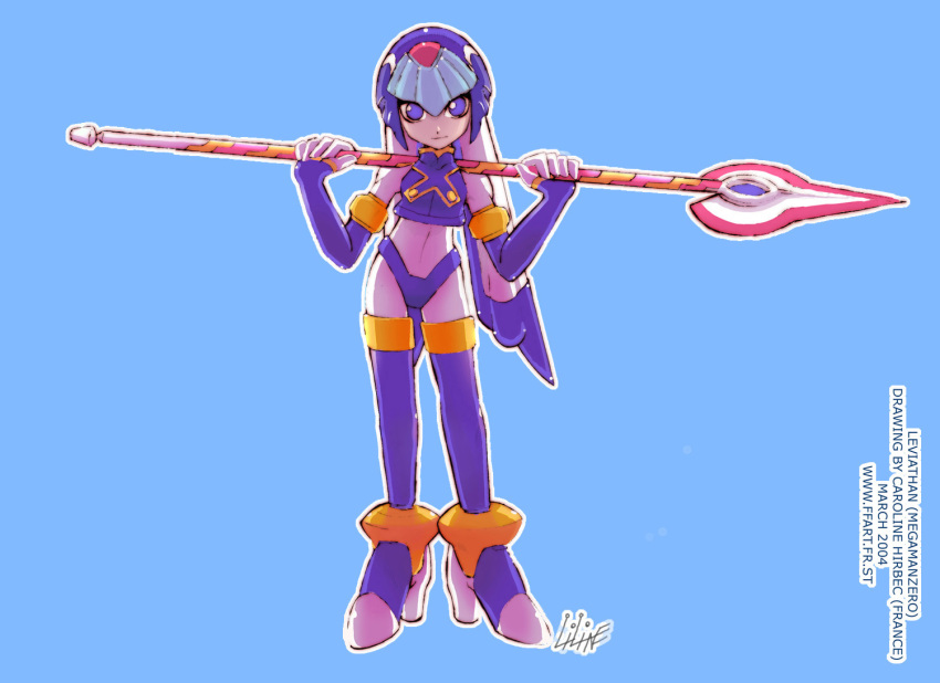 1girl, blue_background, blue_eyes, blue_helmet, caroline_hirbec, fairy_leviathan_(mega_man), forehead_jewel, full_body