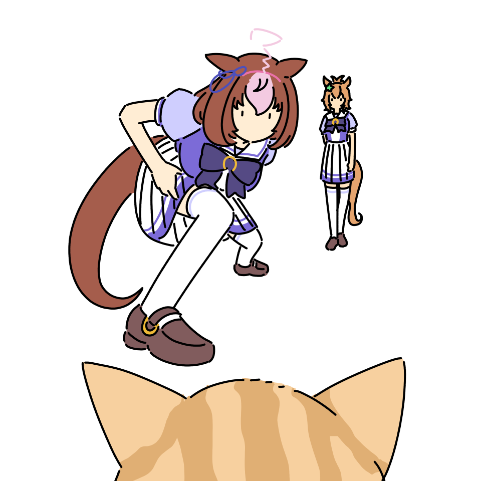 2girls, ahoge, animal_ears, be_my_baby_(song), breasts, brown_footwear, brown_hair, cat