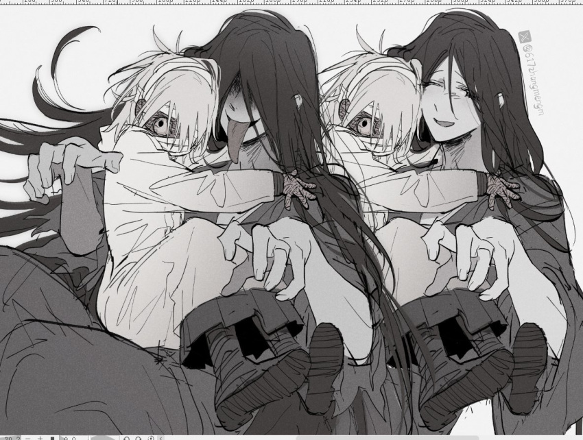 1boy, 1girl, 617zhangmengm, art_program_in_frame, bandaged_head, bandages, bandages_over_mouth, bloodshot_eyes, boots, claw_pose, grey_background, greyscale, hair_over_one_eye, heroine_(homicipher), homicipher, japanese_clothes, kimono, knees_up, long_hair, looking_at_viewer, monochrome, mr._crawling, raincoat, short_hair, sitting, sitting_on_lap, sitting_on_person, tongue, tongue_out, very_long_hair