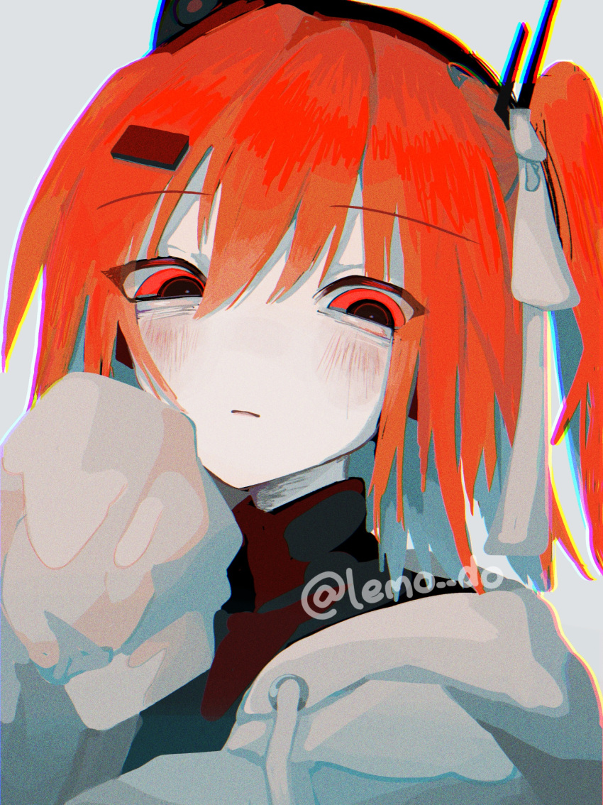 1girl, a.i._voice, adachi_rei, black_shirt, closed_mouth, hair_ornament, hand_up, highres