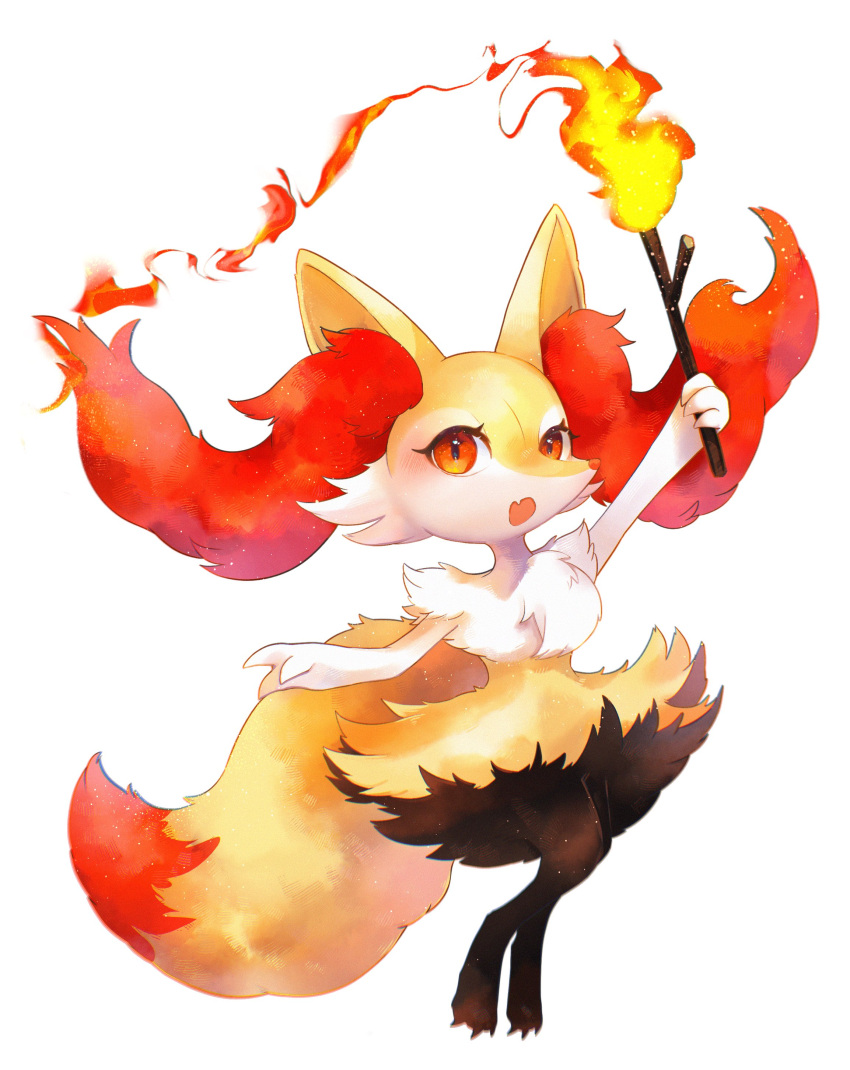 1other, absurdres, animal_ears, black_fur, braixen, commentary, fang, fire