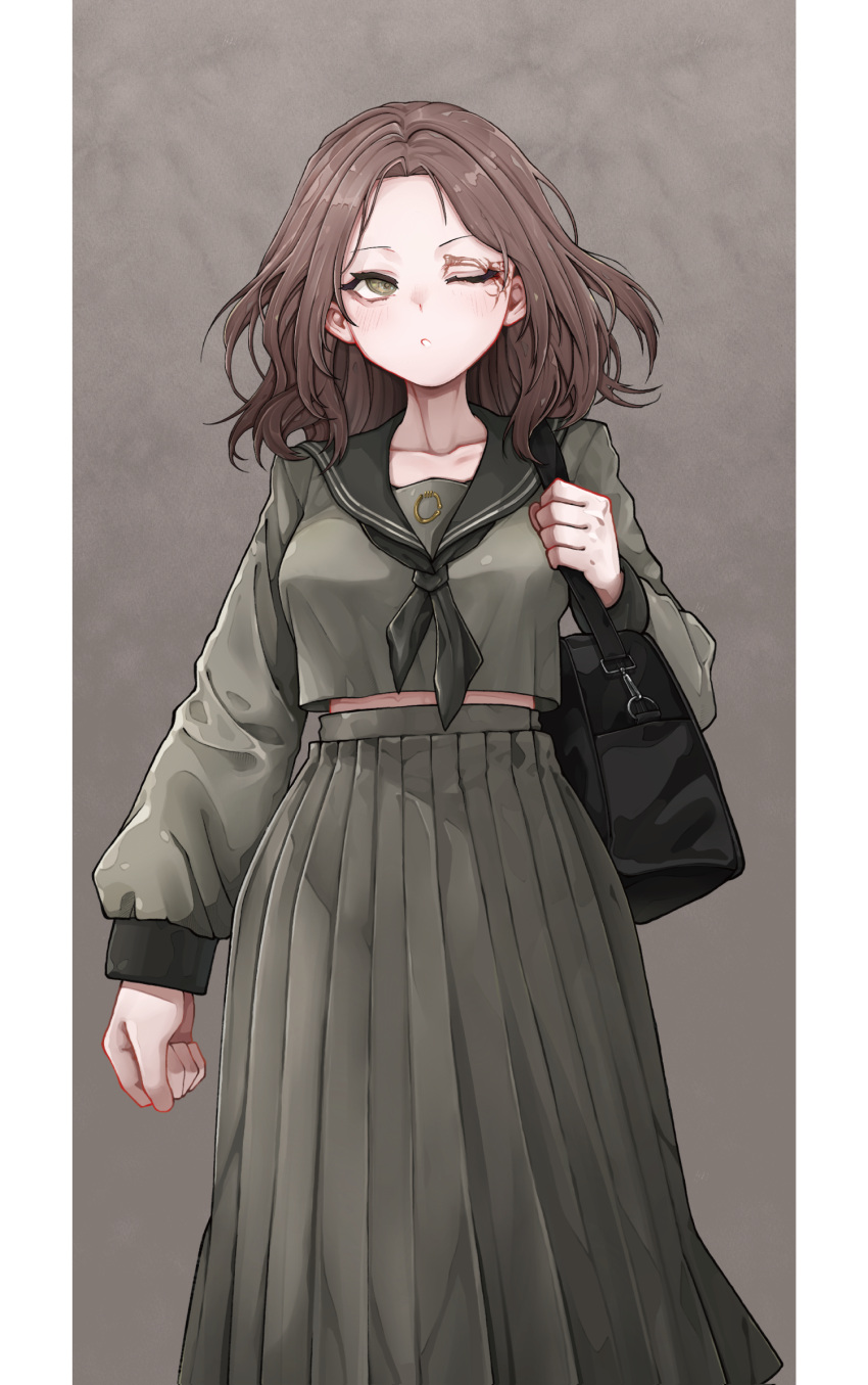 1girl, :o, bag, black_bag, black_neckerchief, black_sailor_collar, blush, brown_eyes