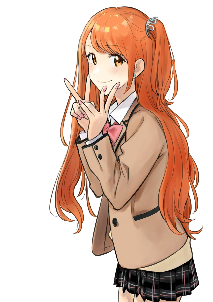 1girl, black_skirt, blazer, blush, bow, bowtie, brown_jacket, buttons, closed_mouth, collared_shirt, commentary_request, double_v, fingernails, highres, hima-ten!, jacket, long_hair, long_sleeves, looking_at_viewer, official_art, ono_genki, orange_eyes, orange_hair, pink_bow, pink_bowtie, pink_nails, plaid_clothes, plaid_skirt, pleated_skirt, pocket, school_uniform, second-party_source, shirt, side_ponytail, simple_background, skirt, smile, solo, swept_bangs, v, very_long_hair, white_background, white_shirt, yoshino_himari