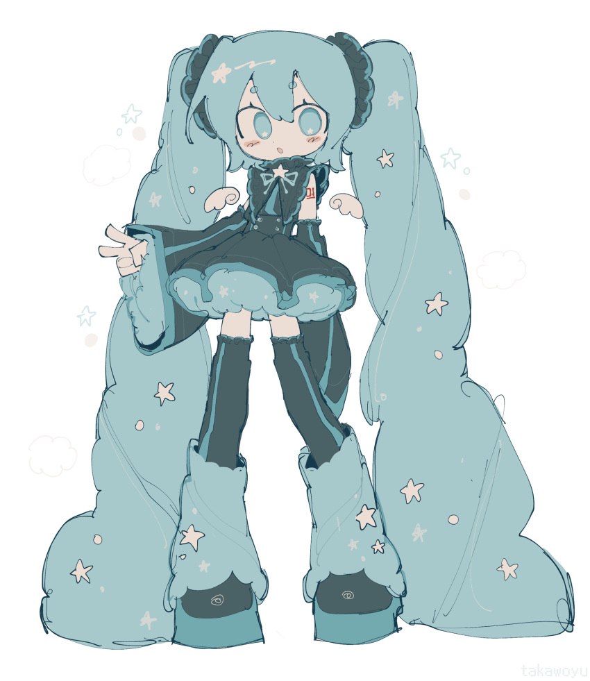 1girl, angel_wings, blue_eyes, blue_hair, blush, hatsune_miku, leg_warmers, long_hair, peace_symbol, star_(symbol), takawoyu, twintails, vocaloid, white_background, wings