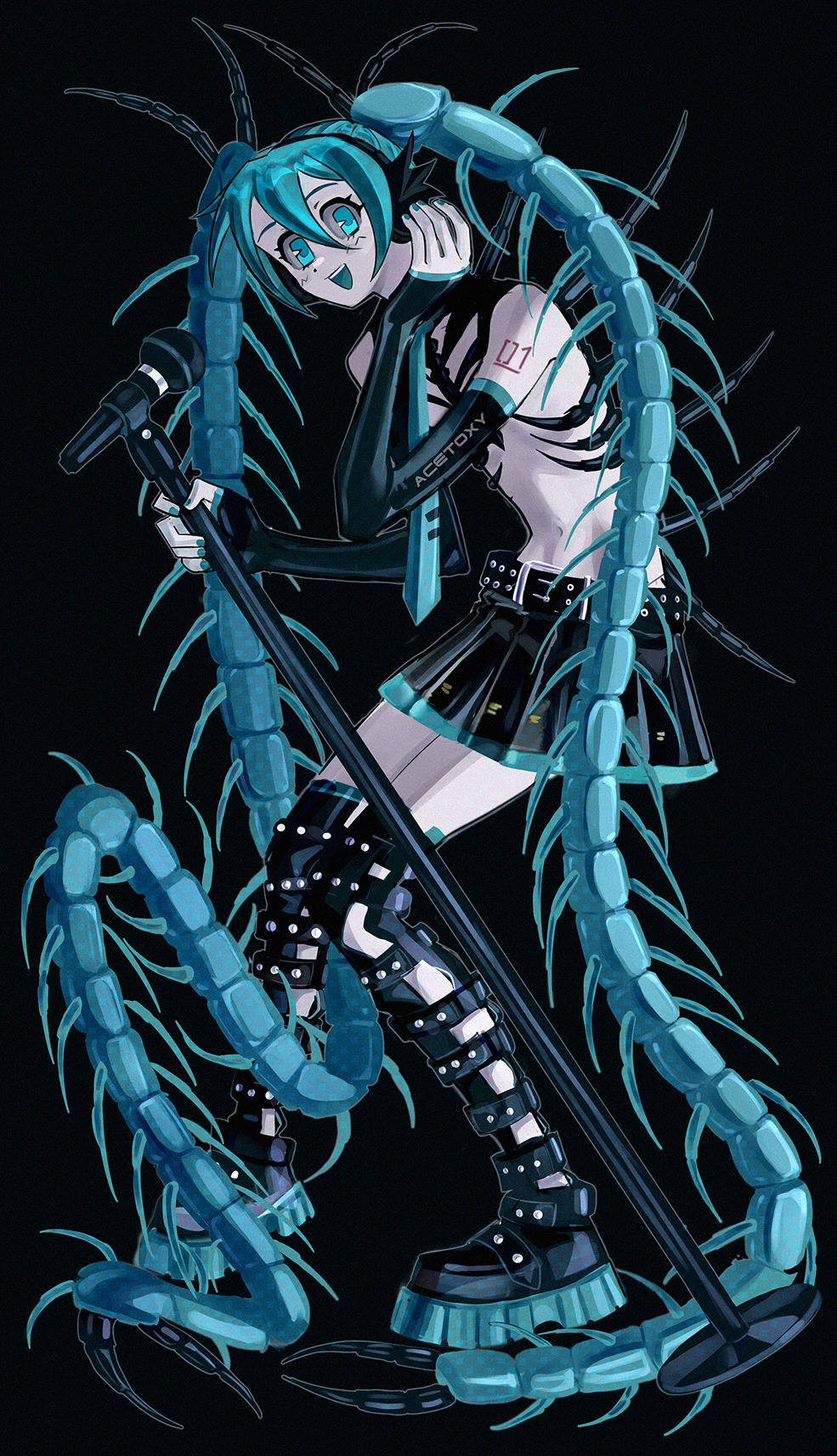1girl, acet0xy, black_background, blue_eyes, blue_hair, bug, bug_girl, centipede