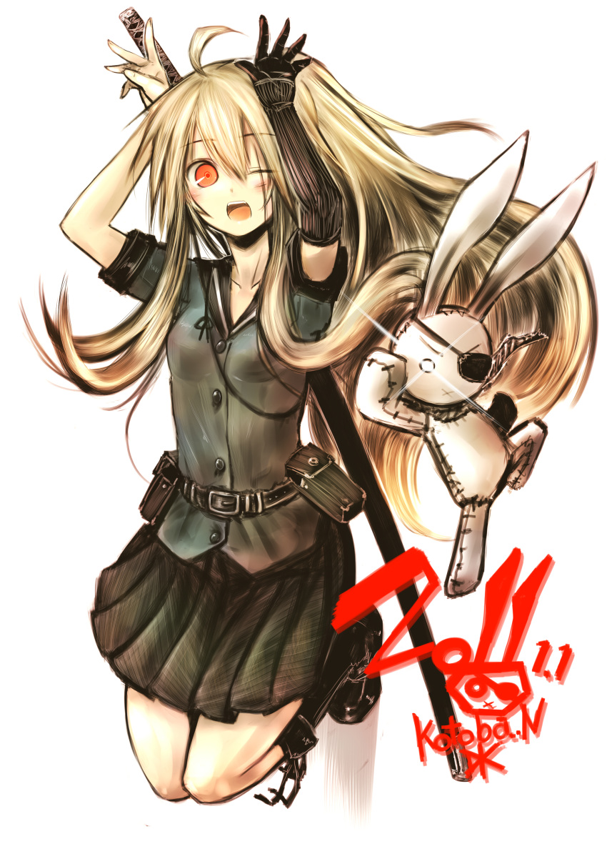 absurdres, belt, blonde_hair, boots, bunny, elbow_gloves, eyepatch, fangs