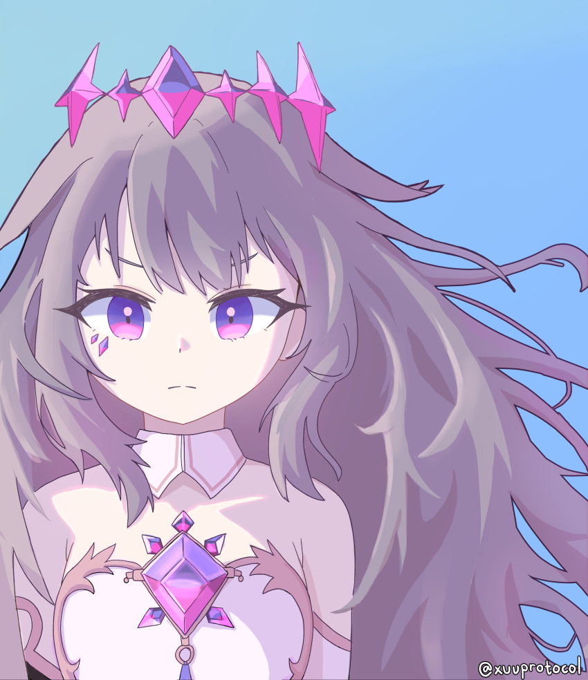 1girl, absurdres, blue_background, chest_jewel, detached_collar, dress, gem_hair_ornament, grey_hair