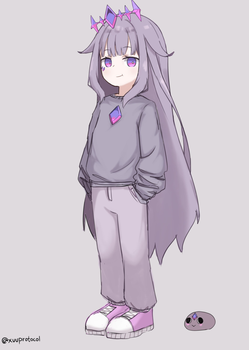 1girl, absurdres, chest_jewel, full_body, gem_hair_ornament, grey_background, grey_hair, grey_pants, grey_sweater, hands_in_pockets, highres, hololive, hololive_english, jewel_under_eye, just_a_chill_guy_(meme), koseki_bijou, long_hair, meme, pants, pebble_(koseki_bijou), purple_footwear, simple_background, solo, standing, sweater, violet_eyes, virtual_youtuber, xuuprotocol