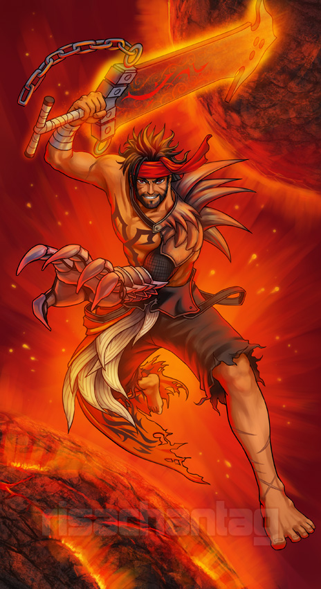 1boy, bandaged_arm, bandages, barefoot, brown_hair, english_commentary, facial_hair, final_fantasy