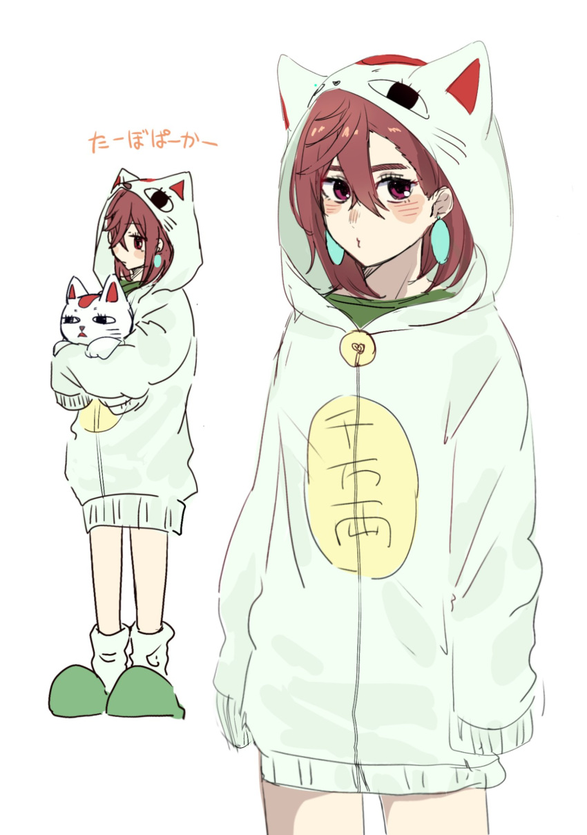 1girl, animal_ear_hood, ayase_momo, brown_eyes, brown_hair, cat, character_costume, dandadan