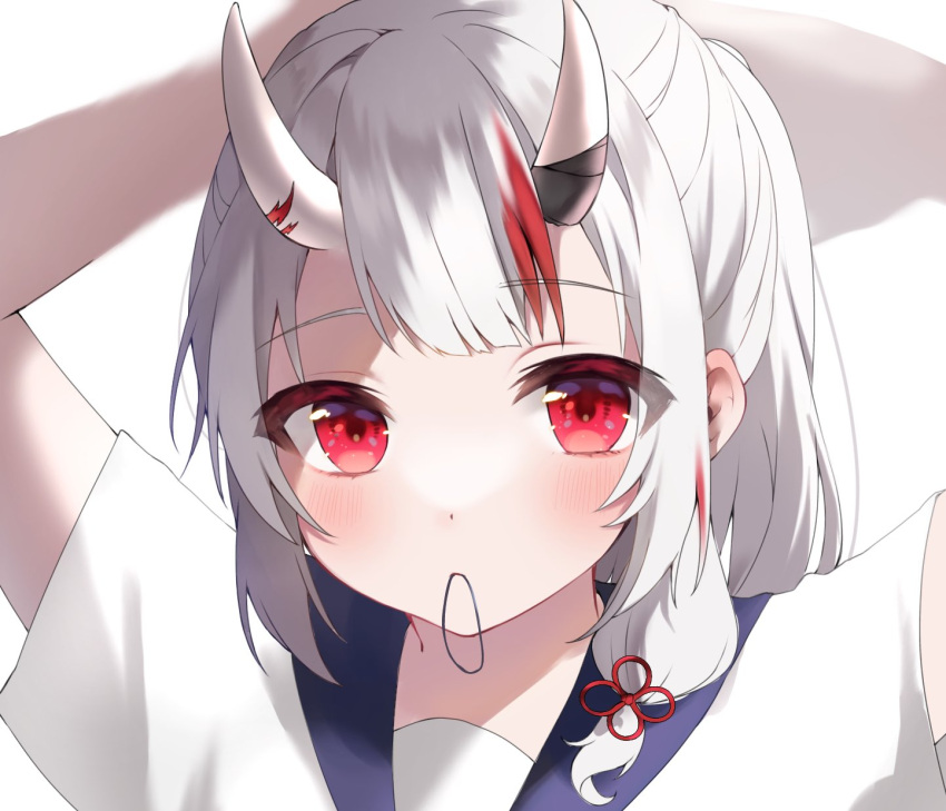 2nd_generation_(hololive), demon_girl, demon_horns, hair_tie, hair_tie_in_mouth, hashtag-only_commentary, highres, hololive