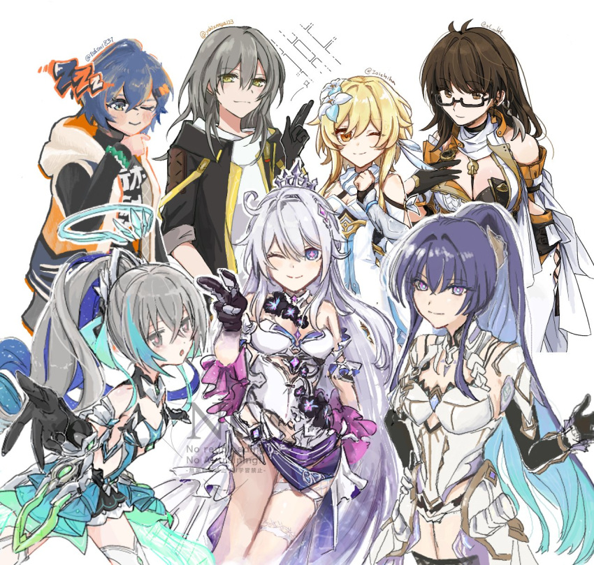 6+girls, :o, ahoge, aiming, aiming_at_viewer, artist_collaboration, belle_(zenless_zone_zero), black_gloves