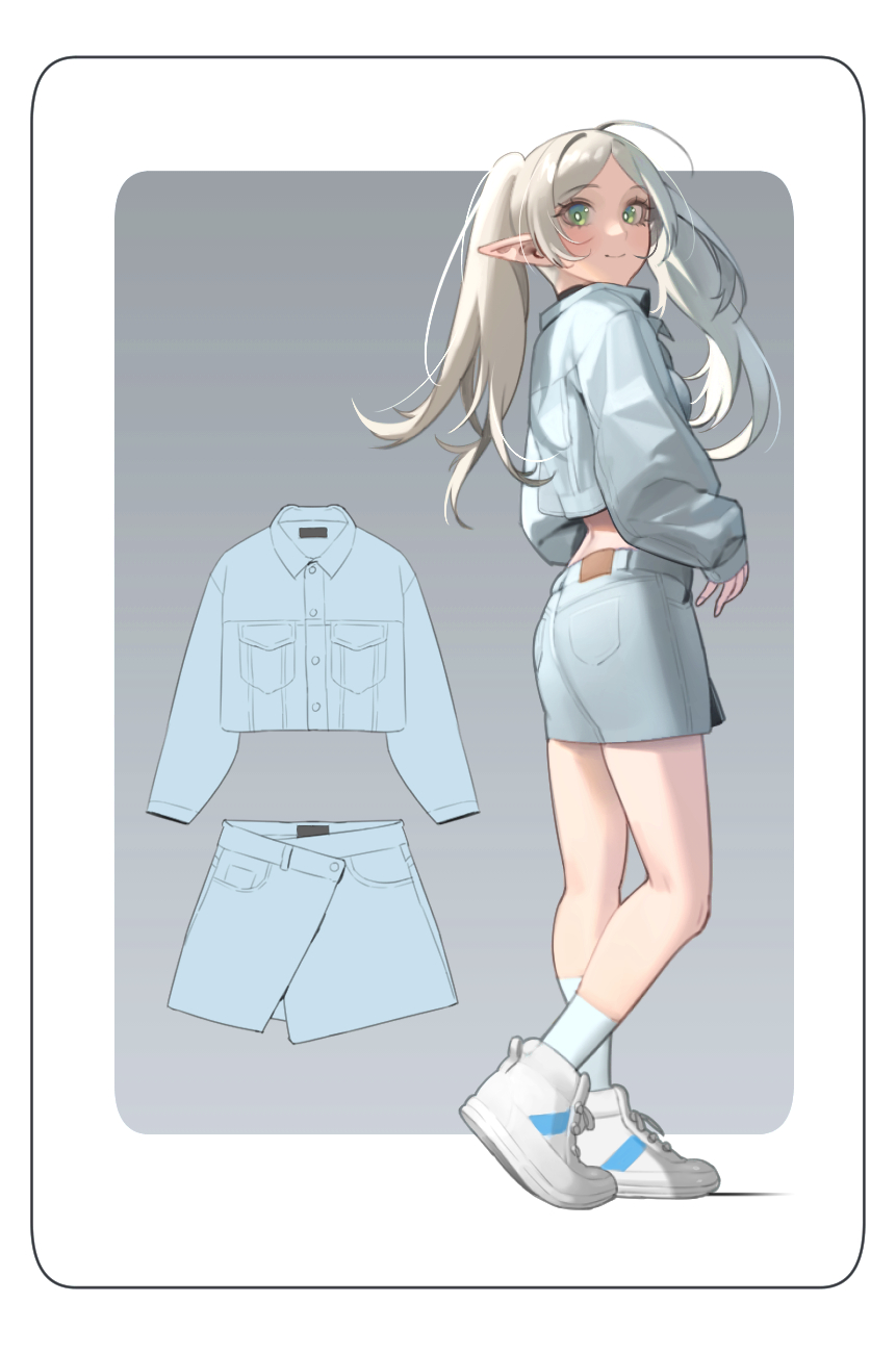 1girl, alternate_costume, elf, frieren, full_body, green_eyes, grey_hair, grey_jacket, grey_skirt, highres, jacket, kibawa, long_hair, miniskirt, pointy_ears, skirt, socks, solo, sousou_no_frieren, standing, twintails, white_footwear, white_socks