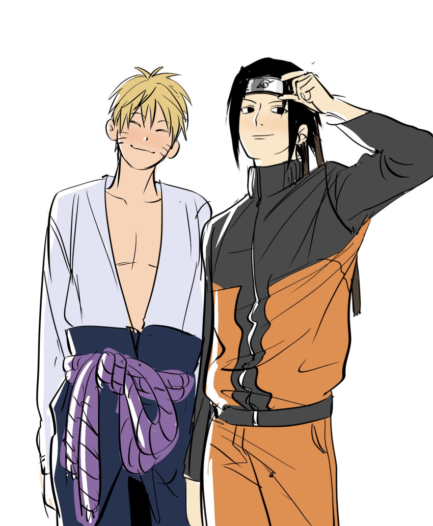 2boys, adjusting_clothes, adjusting_headwear, arm_up, bare_pectorals, black_eyes, black_hair, blonde_hair, closed_eyes, closed_mouth, collarbone, collared_jacket, commentary, cosplay, costume_switch, cowboy_shot, facial_mark, forehead_protector, hair_between_eyes, hair_down, hashtag-only_commentary, highres, jacket, jacket_tucked_in, long_sleeves, looking_to_the_side, male_focus, multicolored_clothes, multicolored_jacket, multiple_boys, naruto_(series), naruto_shippuuden, open_clothes, open_shirt, orange_pants, pants, pectorals, purple_rope, rope, rope_belt, shirt, side-by-side, sideways_glance, smile, standing, tinh_daubuoi, uchiha_sasuke, uzumaki_naruto, whisker_markings, white_shirt, zipper
