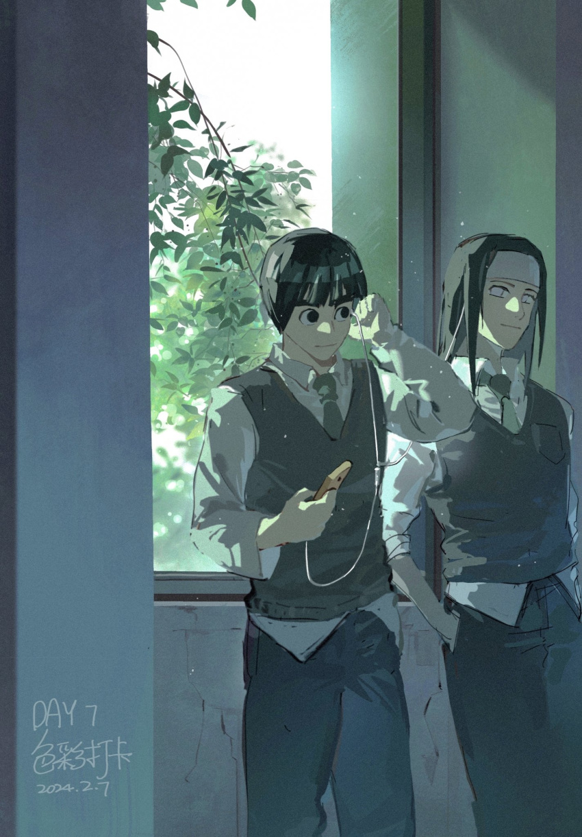 2boys, black_hair, black_pants, byakugan, cellphone, collared_shirt, earphones, gaozijie422