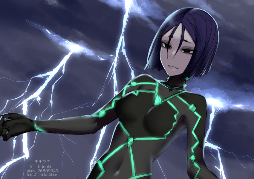 1girl, artist_name, black_bodysuit, black_eyes, black_eyeshadow, bodysuit, breasts, commentary_request