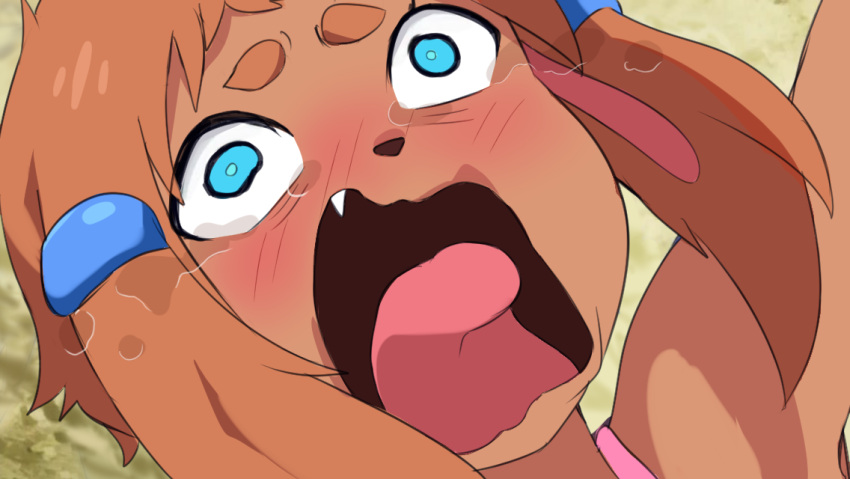 0lightsource, animal_ears, aqua_(konosuba), crying, crying_with_eyes_open, dog_ears, dog_girl, fang