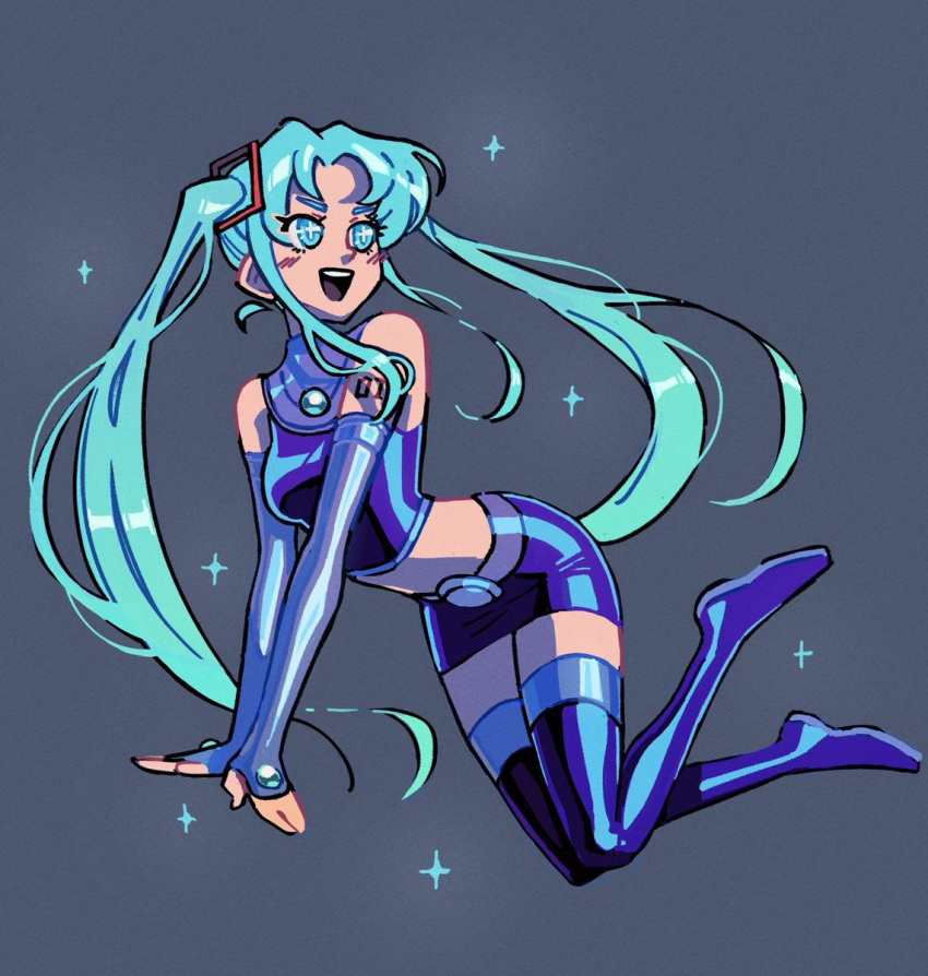 1girl, blue_eyes, blue_hair, cosplay, crossover, grey_background, hatsune_miku, kaatokun, sparkle, starfire, teen_titans, twintails, vocaloid