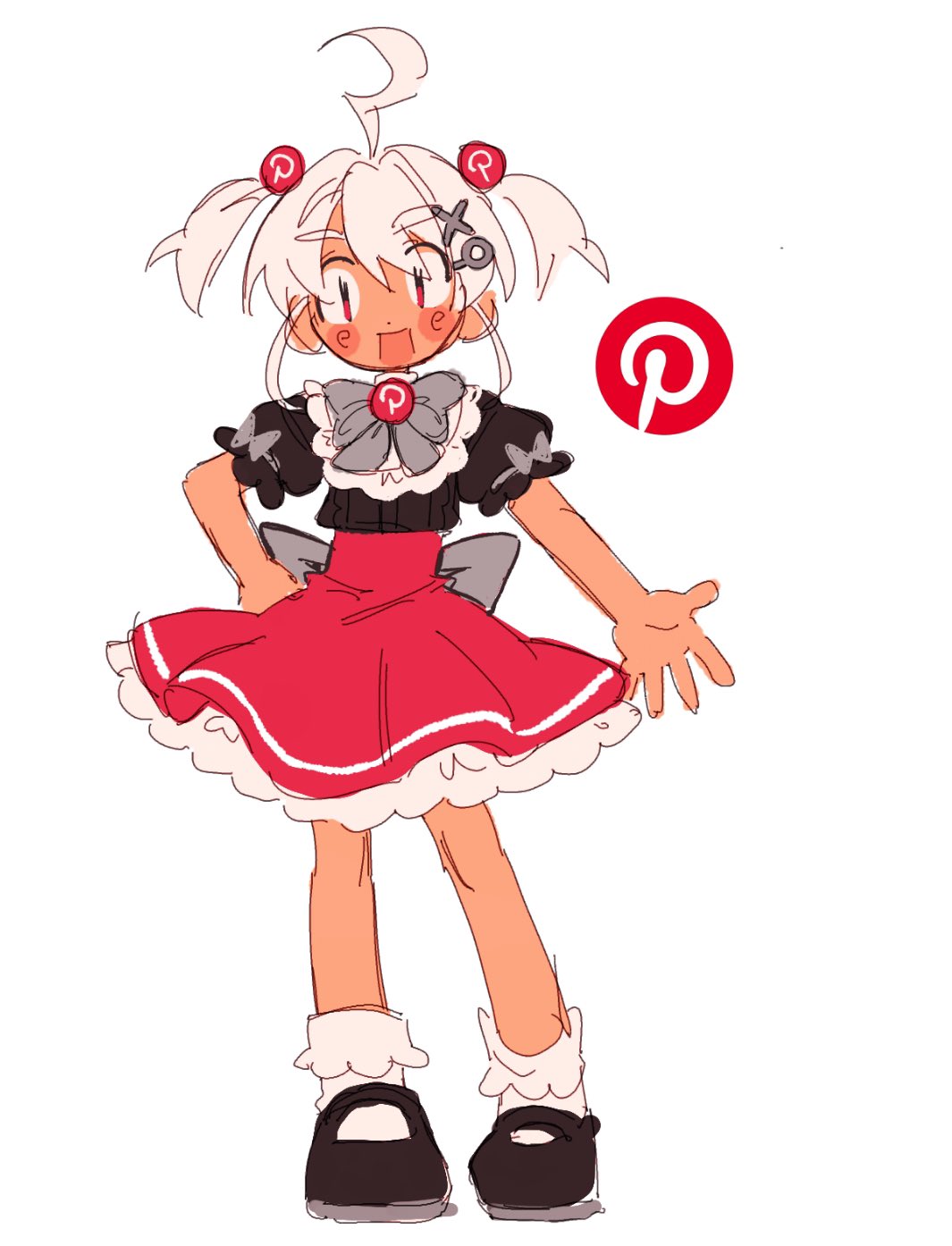 1girl, ahoge, back_bow, black_footwear, black_shirt, blush_stickers, bow, bowtie