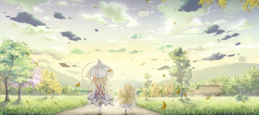bad_id, blonde_hair, cloud, clouds, dress, fox_tail, from_behind, hat