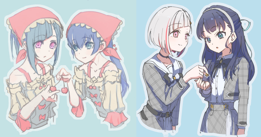 2girls, :o, alternate_hair_color, artist_progress, birdcage_(love_live!), black_hair, blue_eyes, blue_hair, blue_outline, bob_cut, cherry, cherry_picnic_(love_live!), closed_mouth, collarbone, collared_shirt, commentary_request, comparison, cropped_torso, dark_blue_hair, diagonal_bangs, dollchestra, dress, dress_shirt, food, fruit, green_background, grey_dress, grey_hair, grey_hairband, grey_jacket, grey_skirt, group_name, hairband, hat, highres, holding, holding_food, holding_fruit, holding_star, inverted_bob, jacket, lao_ren_xing, link!_like!_love_live!, long_hair, long_sleeves, love_live!, multicolored_hair, multiple_girls, multiple_views, murano_sayaka, off-shoulder_dress, off_shoulder, official_alternate_costume, open_clothes, open_jacket, open_mouth, outline, pink_eyes, plaid_clothes, plaid_dress, plaid_jacket, plaid_skirt, ponytail, red_hat, redhead, sailor_collar, sailor_dress, shirt, short_hair, sidelocks, simple_background, skirt, smile, split_mouth, star_(symbol), streaked_hair, virtual_youtuber, white_sailor_collar, white_shirt, yugiri_tsuzuri