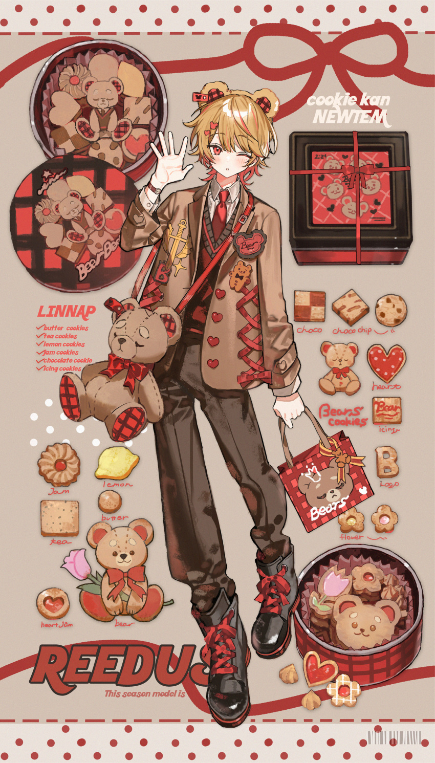 1boy, absurdres, animal_bag, animal_ears, ankle_boots, bag, bear_ears, black_footwear