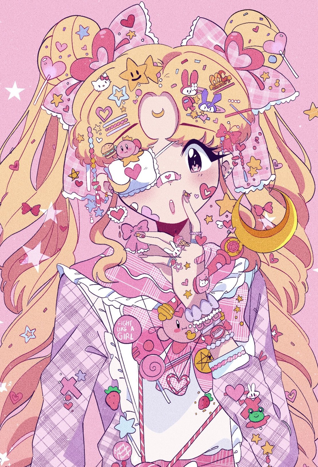 1girl, alternate_costume, bandaid, bishoujo_senshi_sailor_moon, blonde_hair, blue_eyes, bow, double_bun