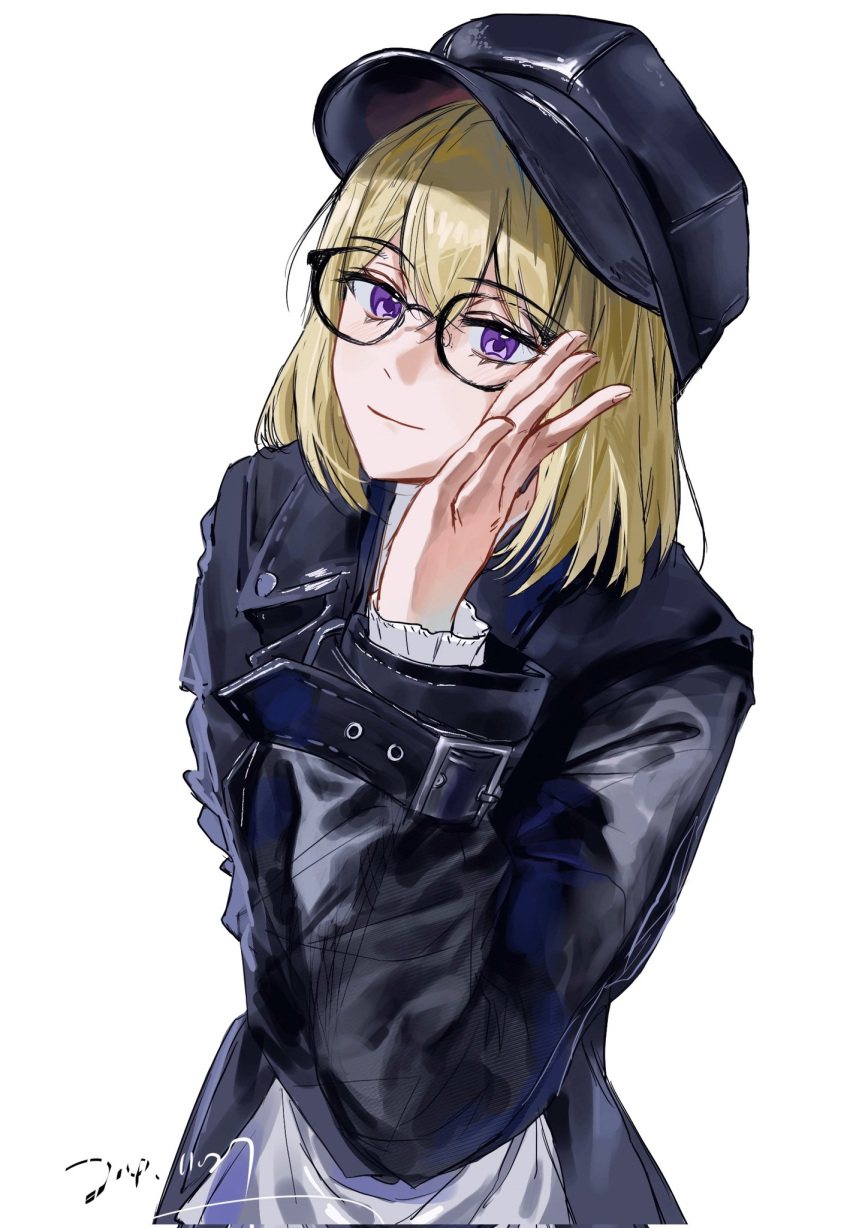 1girl, adjusting_eyewear, bang_dream!, bang_dream!_it's_mygo!!!!!, black-framed_eyewear, black_coat, black_hat, blonde_hair, cabbie_hat, closed_mouth, coat, commentary, dated, glasses, hat, highres, long_sleeves, looking_at_viewer, medium_hair, misumi_uika, simple_background, solo, symbol-only_commentary, ushio0104, violet_eyes, white_background