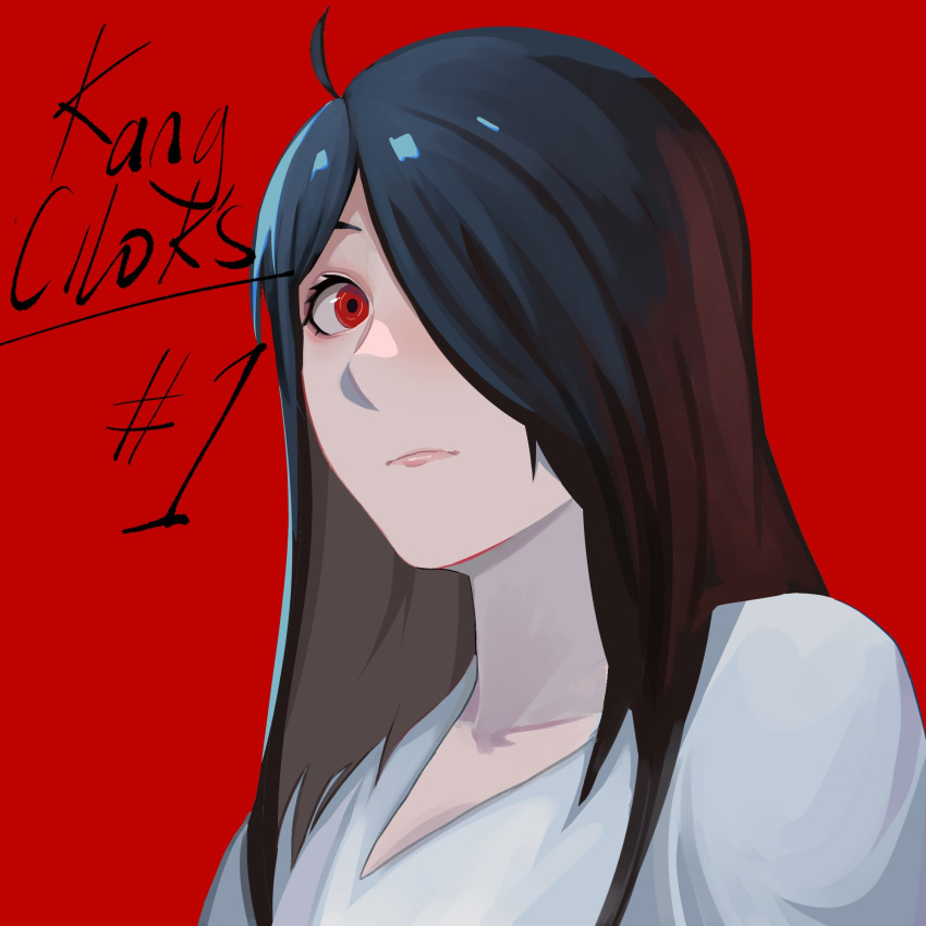1girl, black_hair, commentary, frown, hashtag-only_commentary, highres, kang_cilok's, long_hair, original, portrait, red_background, red_eyes, signature, solo, straight_hair