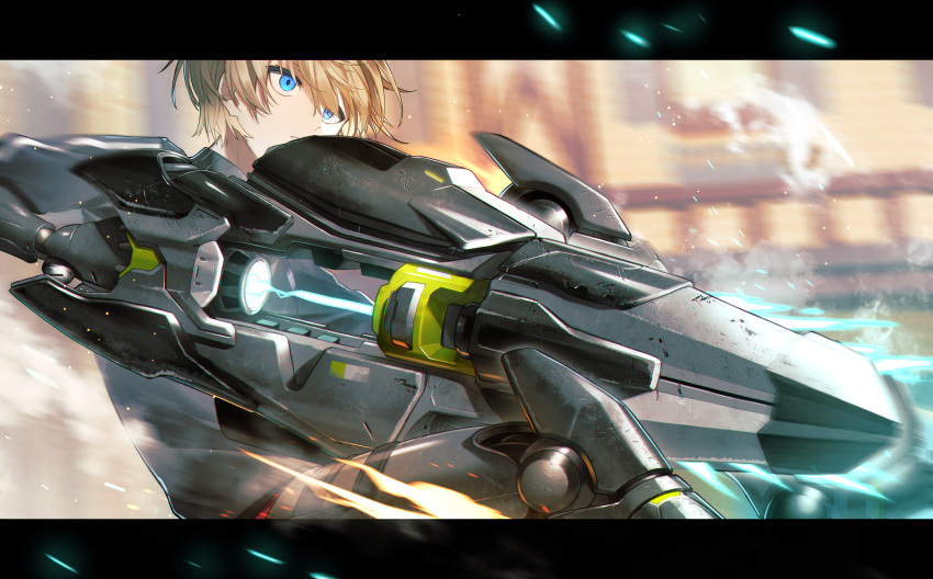 1boy, absurdres, blonde_hair, blue_eyes, blurry, blurry_foreground, commentary_request, fura_kanato, gun, highres, holding, holding_gun, holding_weapon, jisshu, letterboxed, looking_to_the_side, male_focus, nijisanji, railgun, railing, serious, solo, tagme, virtual_youtuber, weapon