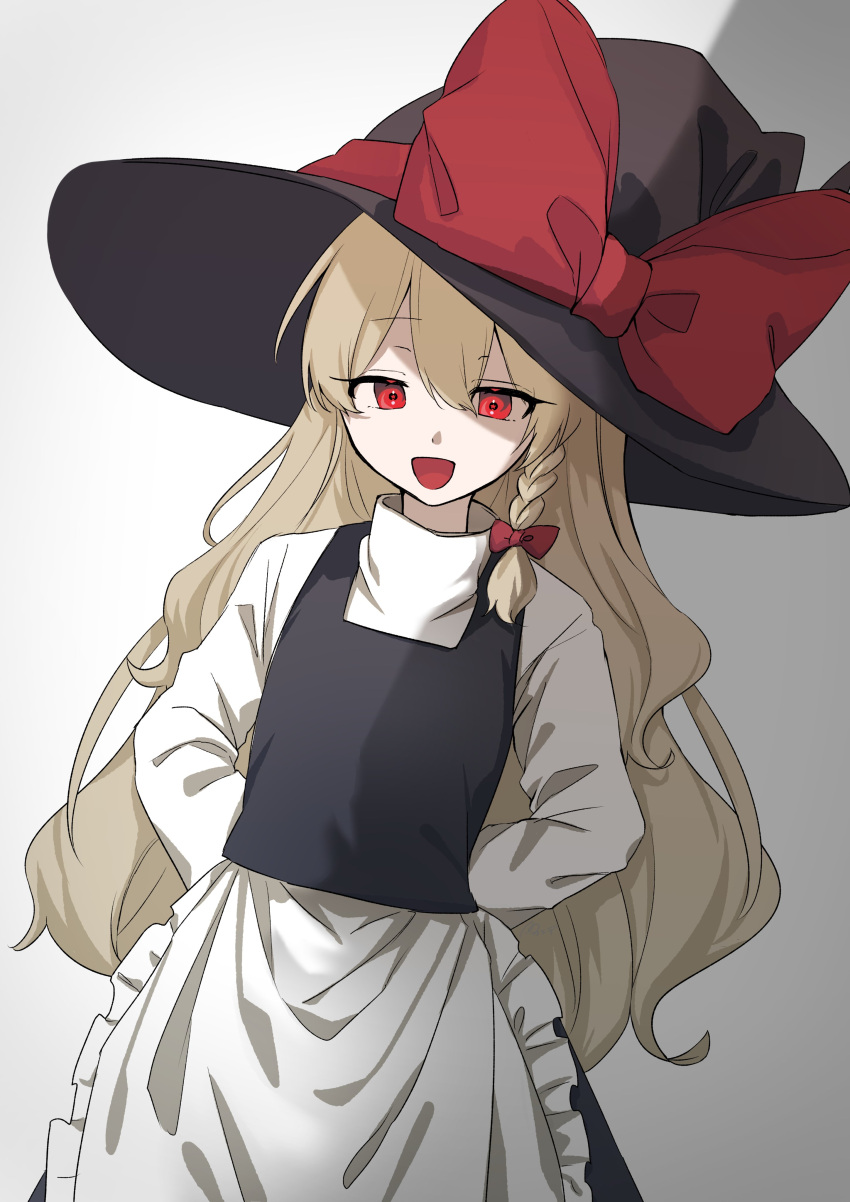 1girl, absurdres, apron, arms_behind_back, black_vest, blonde_hair, bow, braid