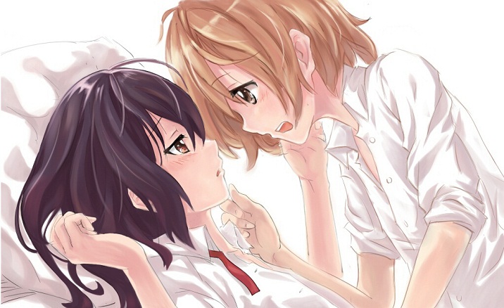 bed, black_hair, blush, brown_eyes, brown_hair, chin_grab, eye_contact, female