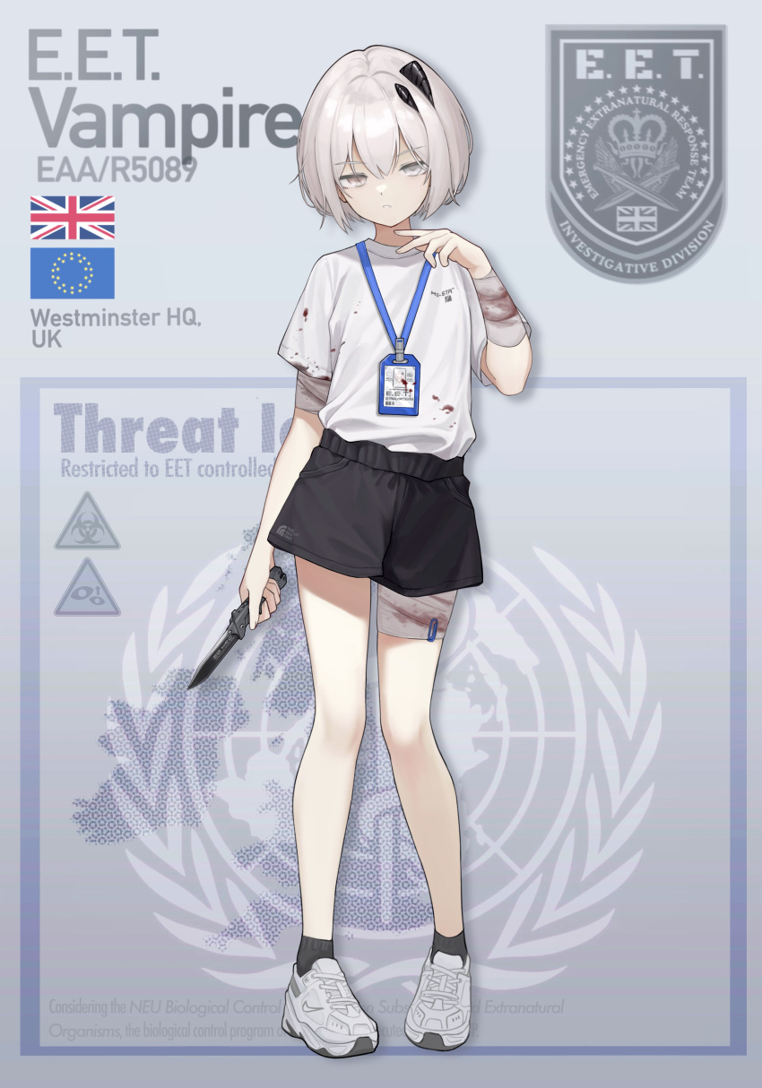 1girl, absurdres, ankle_socks, bandaged_arm, bandaged_leg, bandages, biohazard_symbol, black_shorts