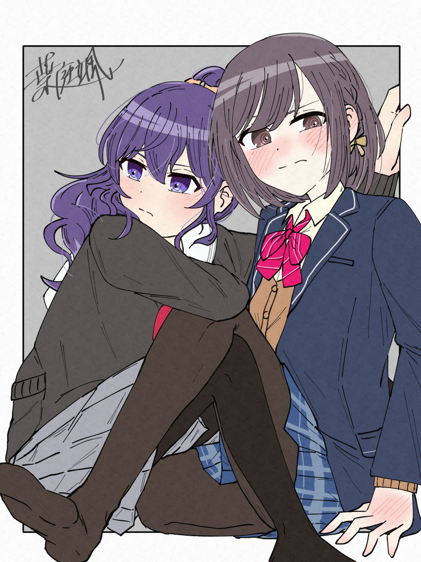2girls, @_@, absurdres, asahina_mafuyu, black_cardigan, black_hair, black_pantyhose, blazer, blue_jacket, blue_skirt, blush, border, bow, bowtie, brown_cardigan, cardigan, collared_shirt, commentary, ear_blush, embarrassed, grey_skirt, hair_between_eyes, half_updo, haniwa_hayate, hashtag-only_commentary, highres, jacket, kamiyama_high_school_uniform_(project_sekai), long_hair, long_sleeves, miyamasuzaka_girls'_academy_school_uniform, multiple_girls, no_shoes, outside_border, pantyhose, plaid_clothes, plaid_skirt, pleated_skirt, project_sekai, purple_hair, red_bow, red_bowtie, school_uniform, shinonome_ena, shirt, short_hair, signature, skirt, striped_bow, striped_bowtie, striped_clothes, violet_eyes, white_border, white_shirt, yuri