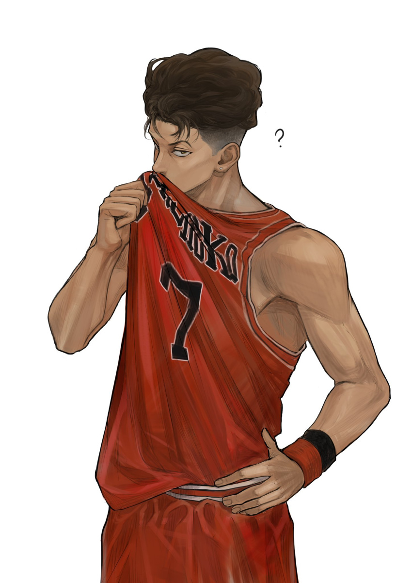1boy, ?, arm_up, armband, basketball_jersey, basketball_uniform, brown_eyes, brown_hair