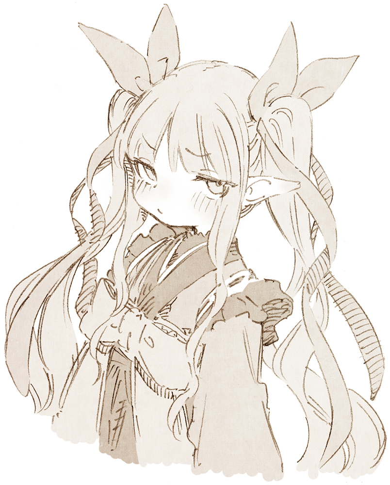1girl, abara_heiki, blush, bow, elf, hair_bow, japanese_clothes, kimono