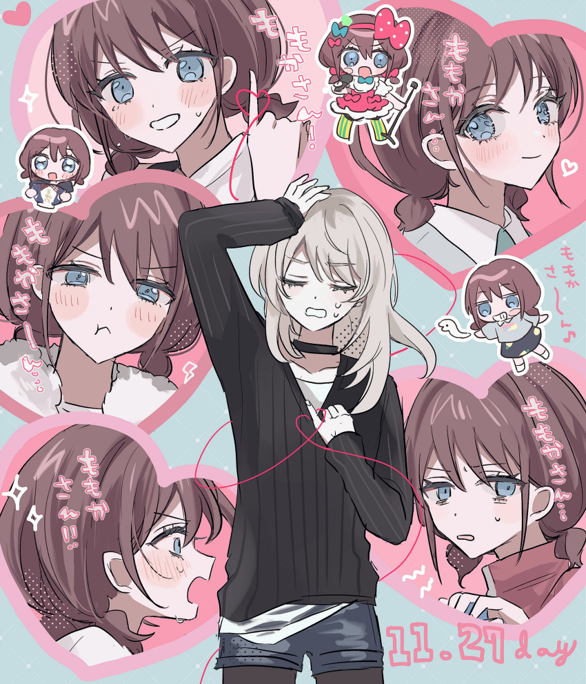 2girls, absurdres, black_choker, black_pantyhose, black_sweater, blue_eyes, blue_shorts, blush