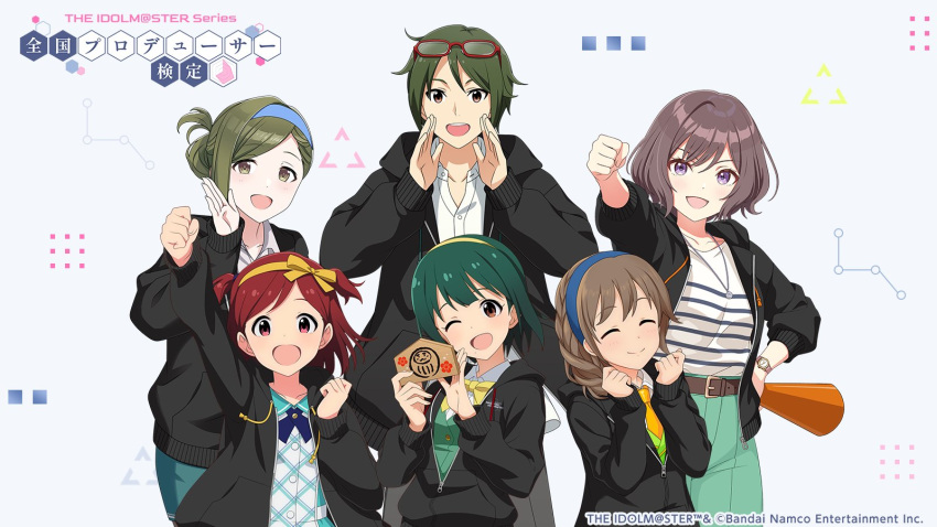 1boy, 5girls, :d, aoba_misaki, black_hood, black_hoodie, black_jacket, blue_hairband