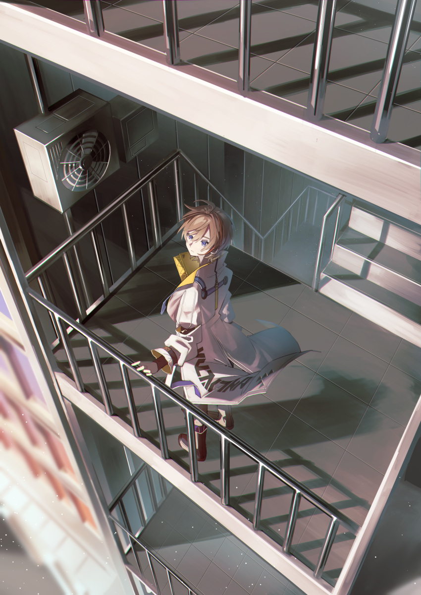 1boy, absurdres, air_conditioner, ankle_boots, blonde_hair, blue_eyes, blurry, boots