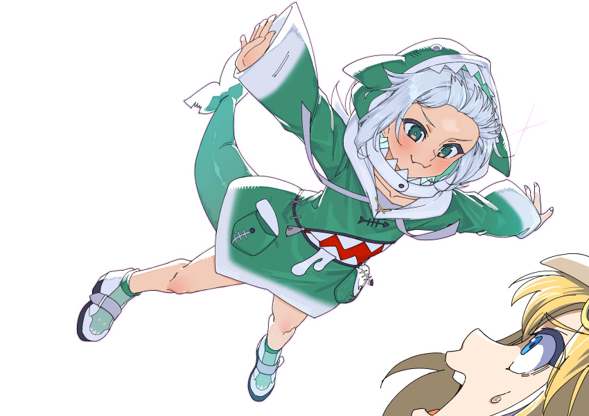 2girls, absurdres, animal_hood, blonde_hair, character_request, falling, gawr_gura, green_hoodie