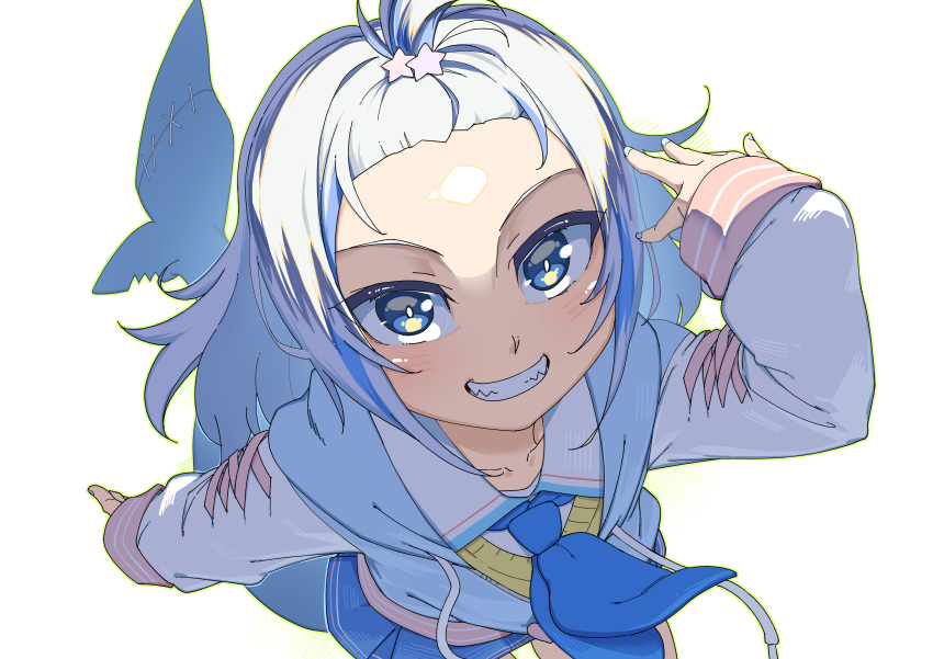 1girl, absurdres, blue_necktie, blue_skirt, fins, fish_tail, forehead, from_above