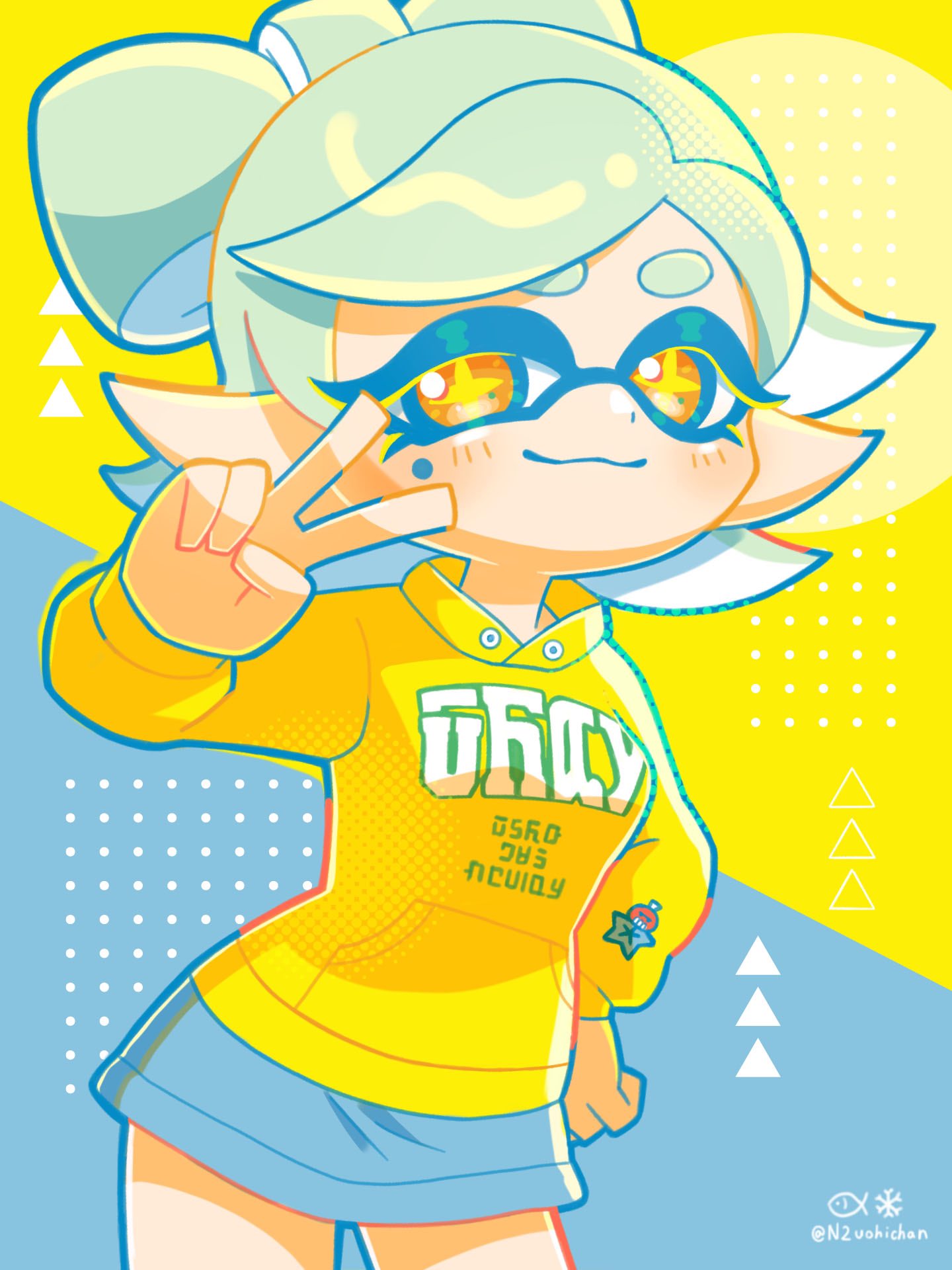 +_+, alternate_costume, hand_on_own_hip, highres, hood, hoodie, inkling, inkling_(language), looking_at_viewer, marie_(splatoon), mole, mole_under_eye, n2uohichan, skirt, splatoon_(series), splatoon_3, v
